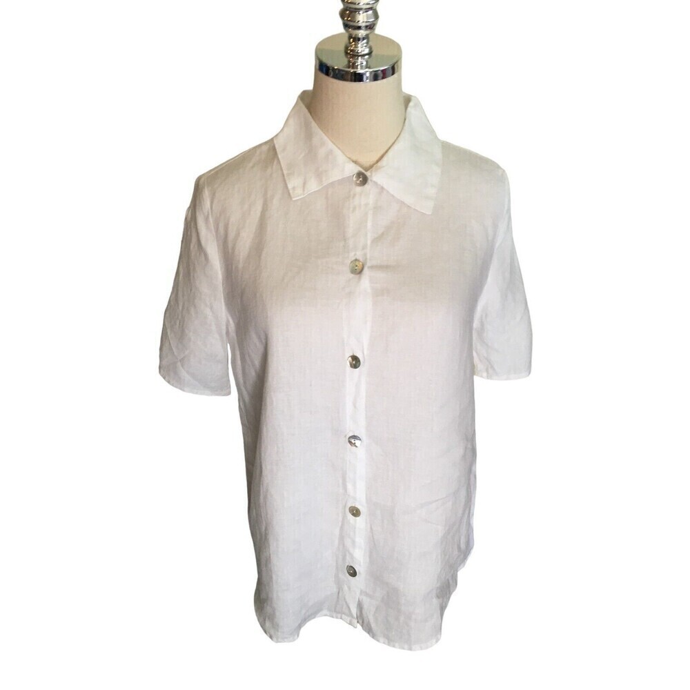 Hc Hot Cotton LA White Size Medium Linen Shirt Women's Button Up Slit Sleeve